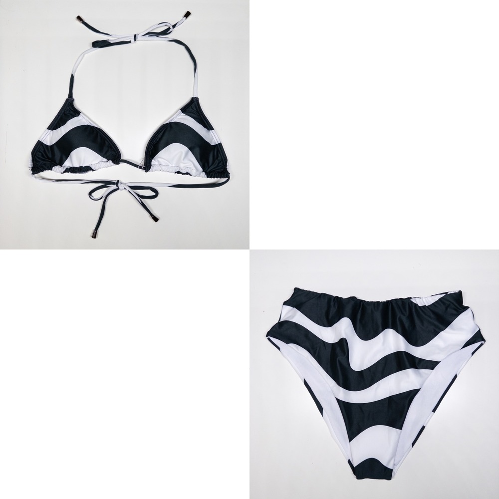 Kenny Flowers Bikini S Top L Bottom Black White Wave High Waist Swimwear NEW